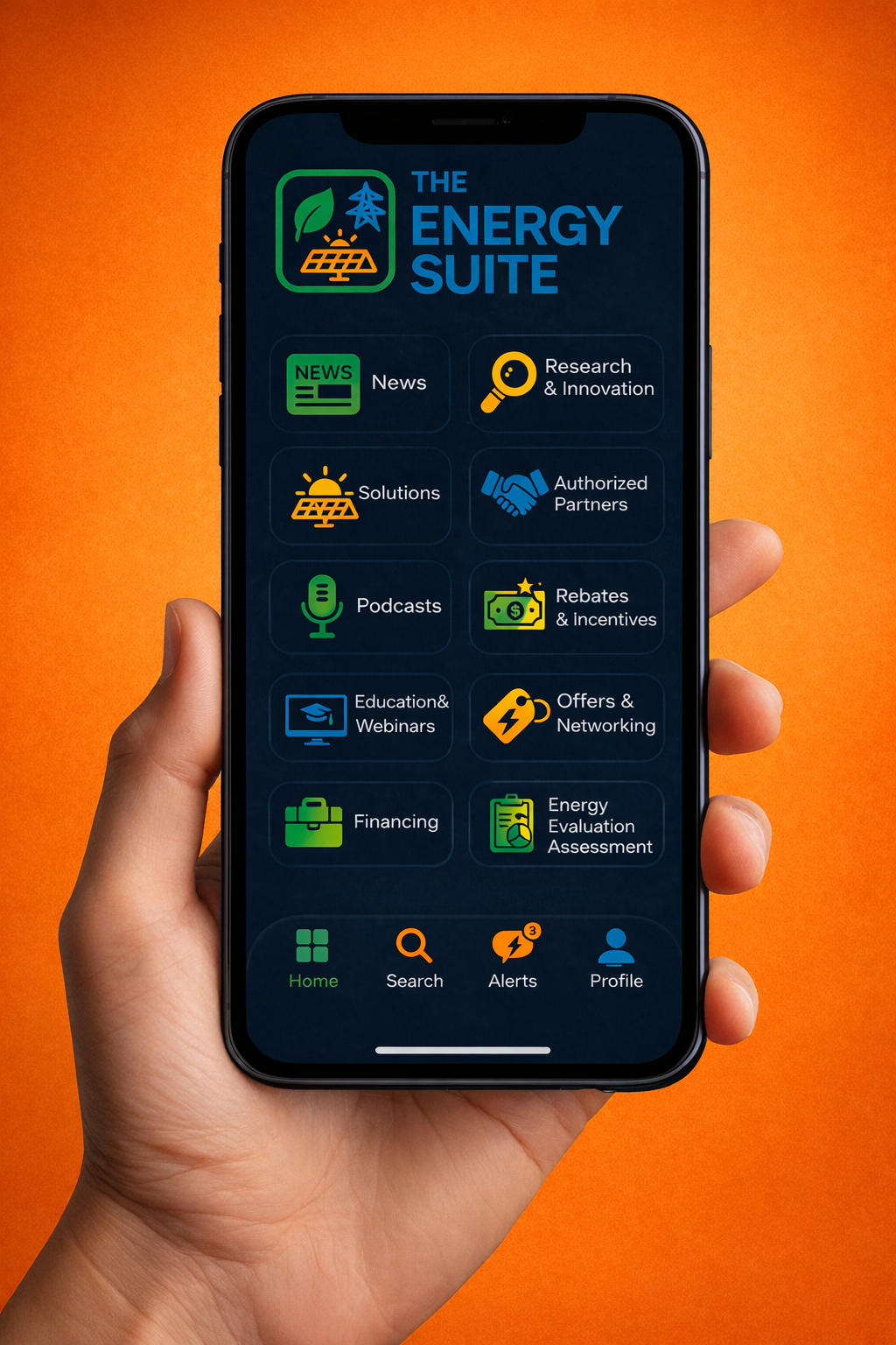 Hand holding smartphone with The Energy Suite app